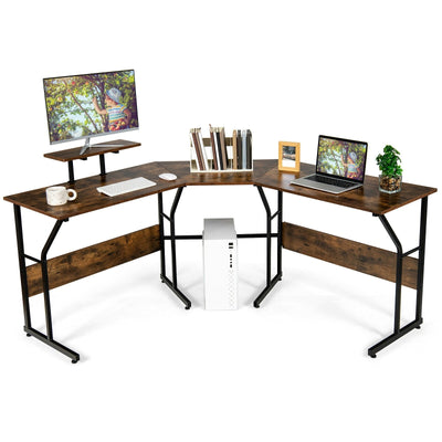 88.5 Inch L Shaped Reversible Computer Desk Table with Monitor Stand-Rustic Brown - Relaxacare
