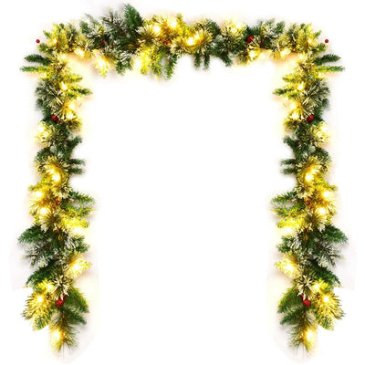 9 Feet Pre-lit Snow Flocked Tips Christmas Garland with Red Berries - Relaxacare
