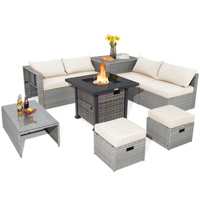 9 Pieces Outdoor Patio Furniture Set with 32-Inch Propane Fire Pit Table - Relaxacare