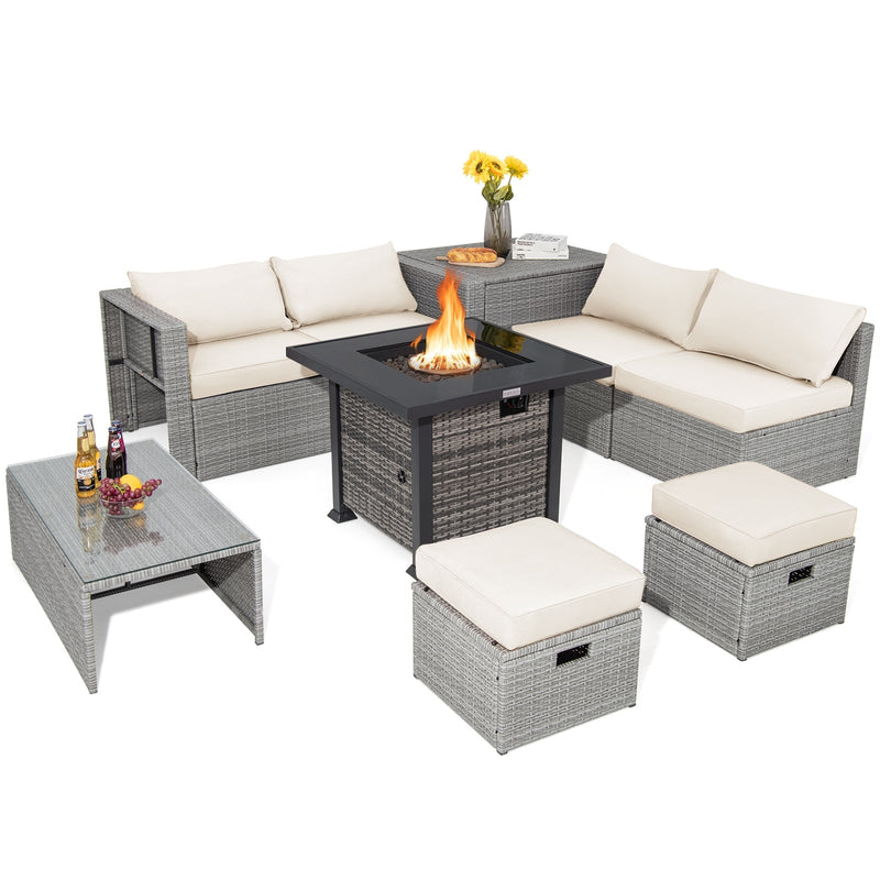 9 Pieces Outdoor Patio Furniture Set with 32-Inch Propane Fire Pit Table - Relaxacare