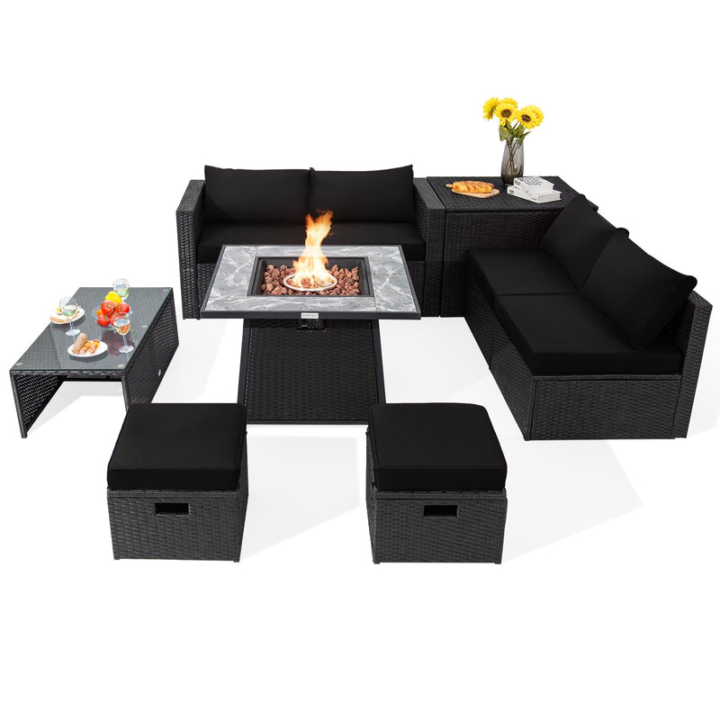 9 Pieces Outdoor Wicker Sectional with 35 Inch Gas Fire Pit Table - Relaxacare