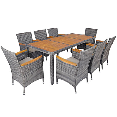 9 Pieces Patio Rattan Dining Set Acacia Wood Table Cushioned Chair - Relaxacare