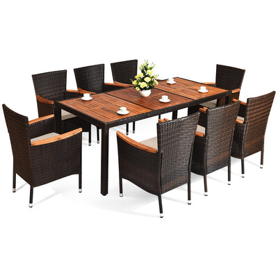 9 Pieces Rattan Dining Set with Acacia Wood Table and Stackable Cushioned Chairs - Relaxacare