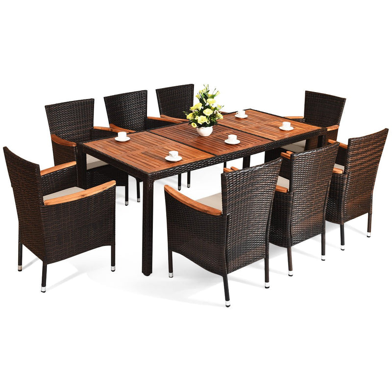 9 Pieces Rattan Dining Set with Acacia Wood Table and Stackable Cushioned Chairs - Relaxacare
