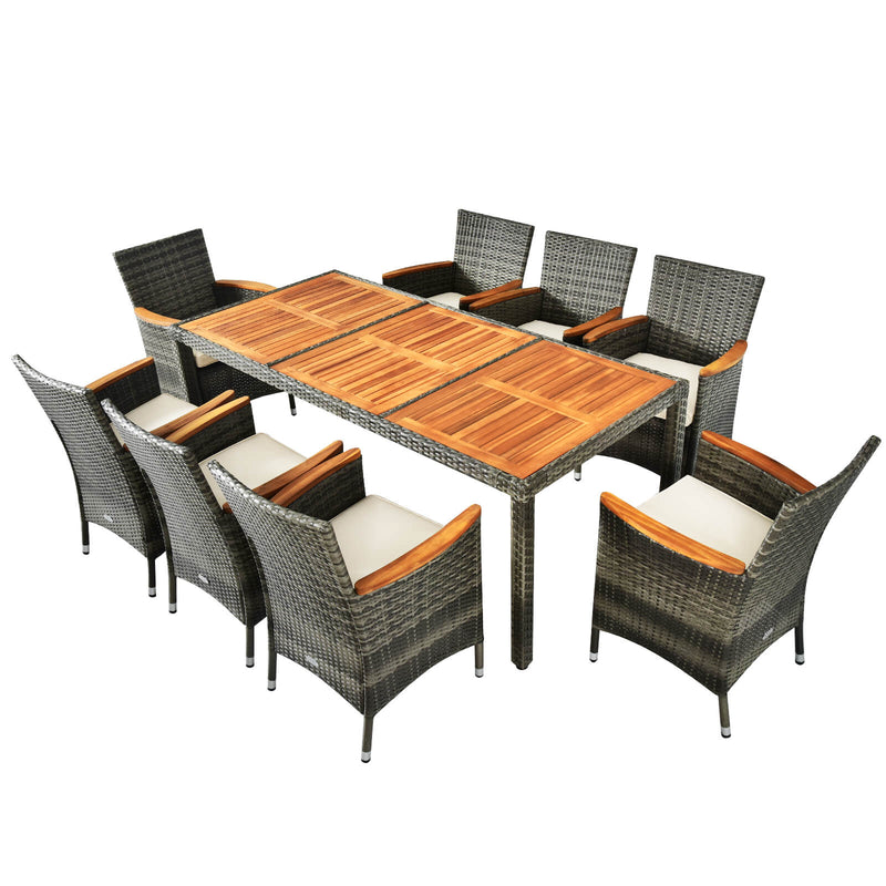9 Pieces Rattan Patio Dining Set with Acacia Wood Table and Cushioned Chair - Relaxacare