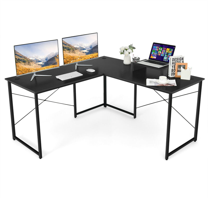 95 Inch 2-Person L-Shaped Long Reversible Computer Desk with Monitor Stand-Black - Relaxacare