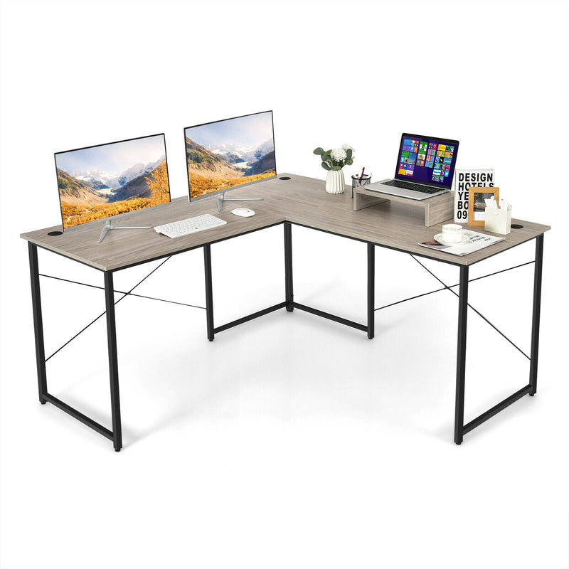 95 Inch 2-Person L-Shaped Long Reversible Computer Desk with Monitor Stand-Gray - Relaxacare