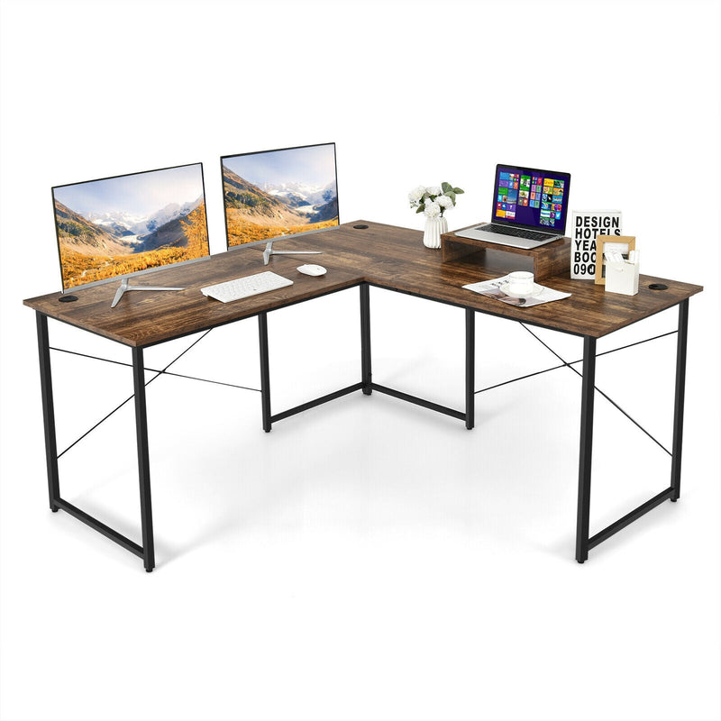 95 Inch 2-Person L-Shaped Long Reversible Computer Desk with Monitor Stand-Rustic Brown - Relaxacare