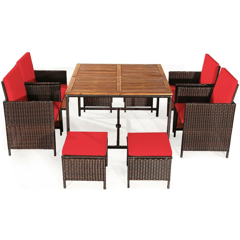 9PCS Patio Rattan Dining Cushioned Chairs Set-Red - Relaxacare