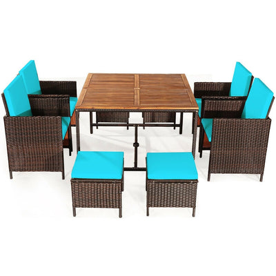 9PCS Patio Rattan Dining Cushioned Chairs Set-Turquoise - Relaxacare