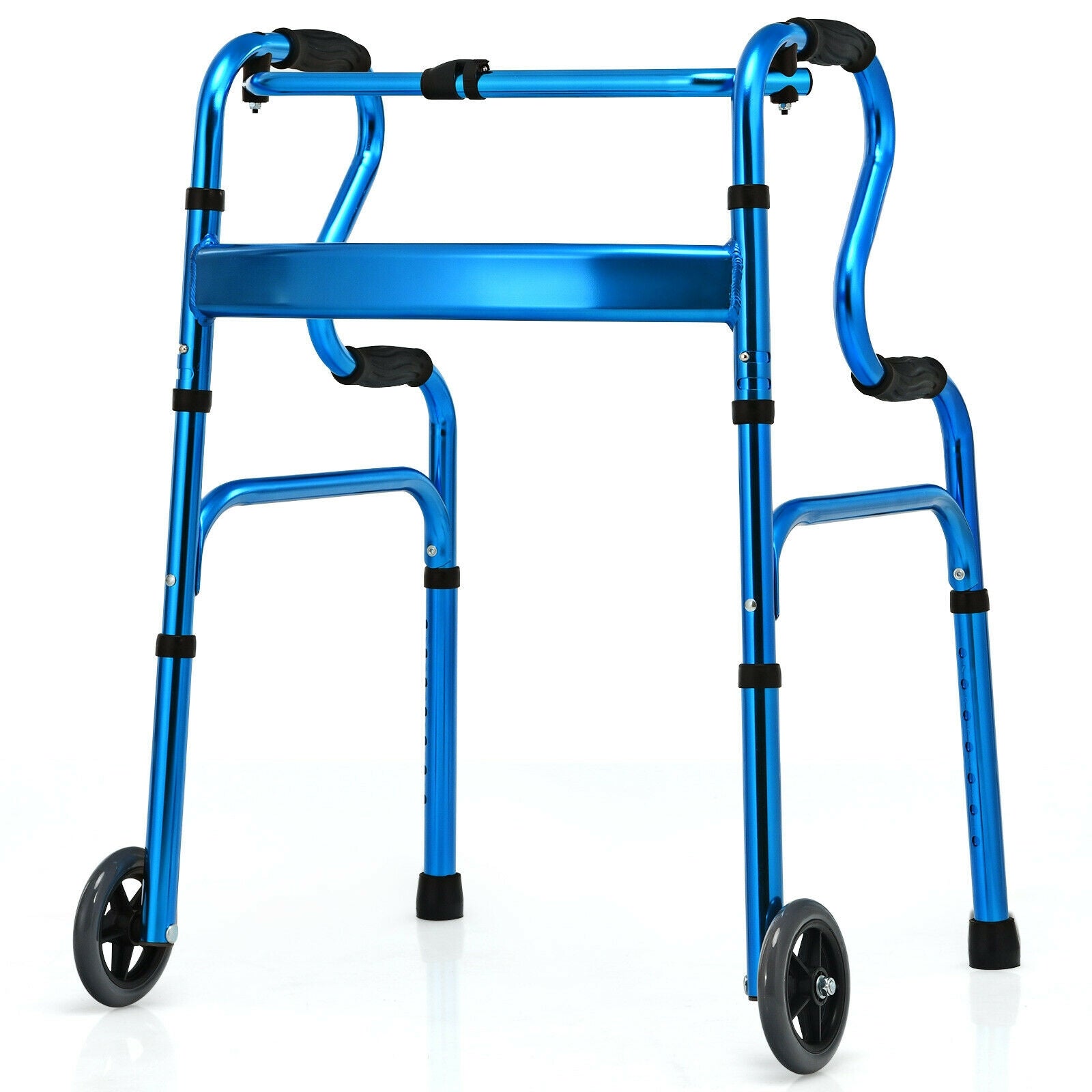 Adjustable Heavy-Duty Folding Walker with Unidirectional Wheels and Bi