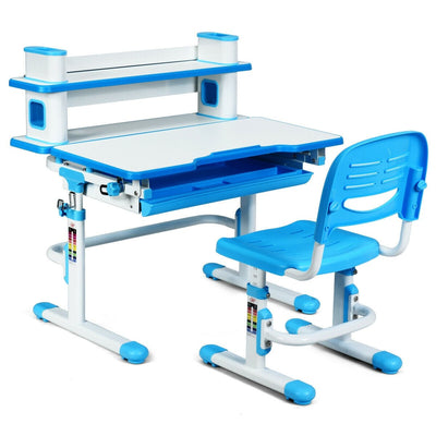 Adjustable Kids Desk and Chair Set with Bookshelf and Tilted Desktop-Blue - Relaxacare