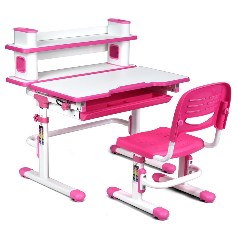 Adjustable Kids Desk and Chair Set with Bookshelf and Tilted Desktop-Pink - Relaxacare