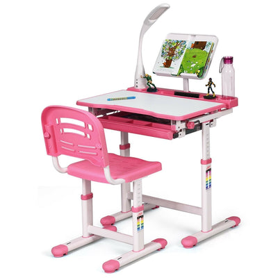 Adjustable Kids Desk Chair Set with Lamp and Bookstand-Pink - Relaxacare
