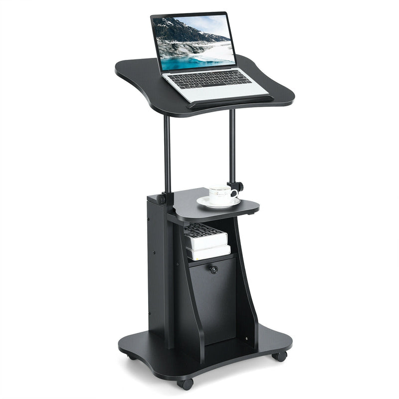Adjustable Mobile Standing Desk Cart with Tilt Desktop and Cabinet - Relaxacare
