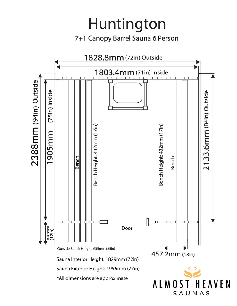 ALMOST HEAVEN - Huntington - 4-6 Person Canopy Barrel Outdoor Sauna - Relaxacare