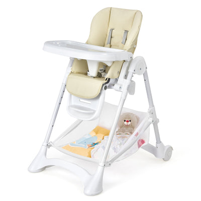 Baby Convertible Folding Adjustable High Chair with Wheel Tray Storage Basket-Beige - Relaxacare