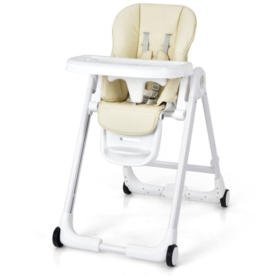 Baby Folding Convertible High Chair with Wheels and Adjustable Height-Beige - Relaxacare