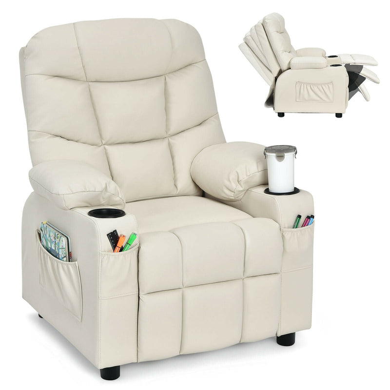 -Backordered May 2023-PU Leather Kids Recliner Chair with Cup Holders and Side Pockets-Beige - Relaxacare