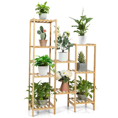 Bamboo 9-Tier Plant Stand Utility Shelf Free Standing Storage Rack Pot Holder-Natural - Relaxacare
