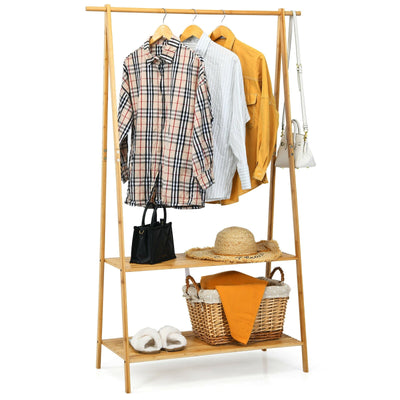 Bamboo Clothes Hanging Rack with 2-Tier Storage Shelf for Entryway Bedroom - Relaxacare