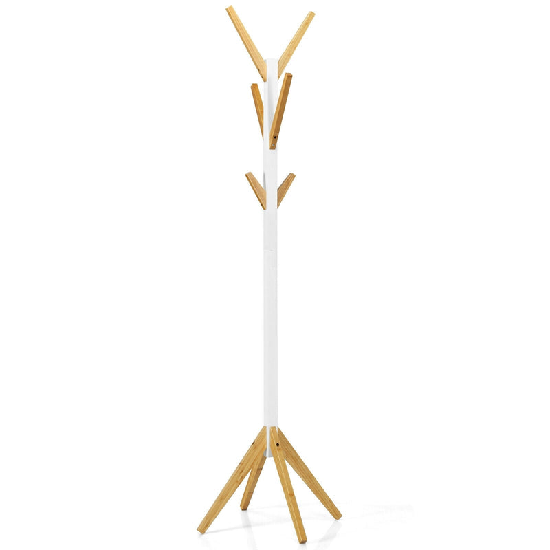 Bamboo Coat Rack Stand with 6 Hooks-White - Relaxacare