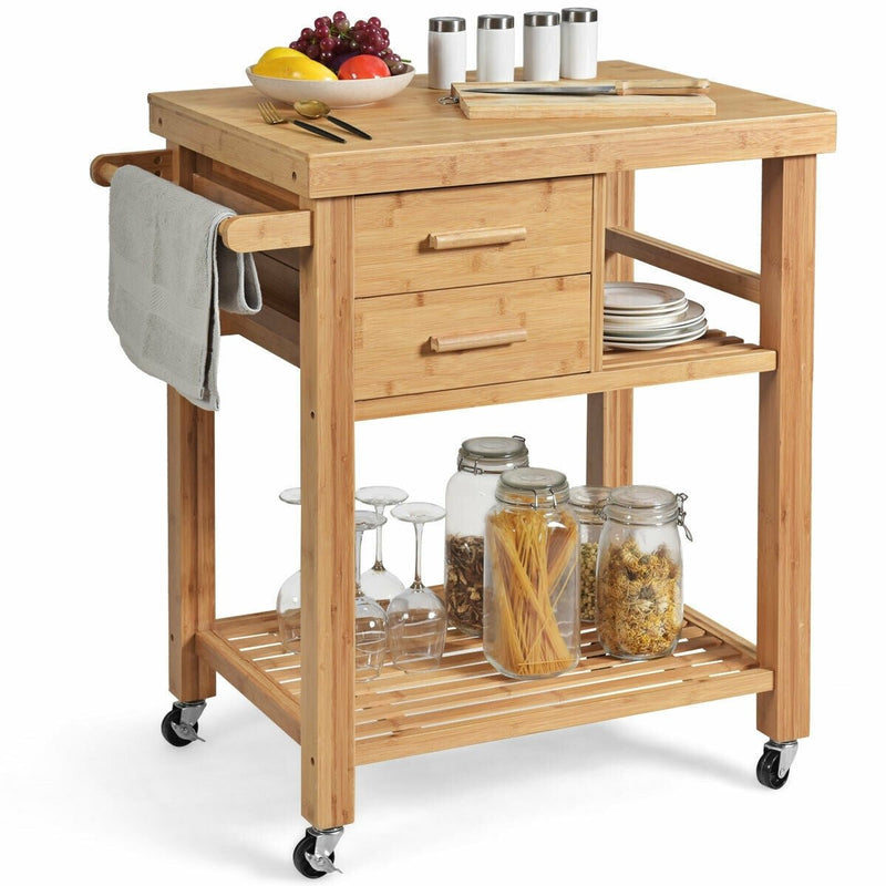 Bamboo Kitchen Trolley Cart with Towel Rack and Drawers - Relaxacare