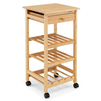 Bamboo Rolling Kitchen Trolley Cart with Drawer and Wine Rack-Natural - Relaxacare