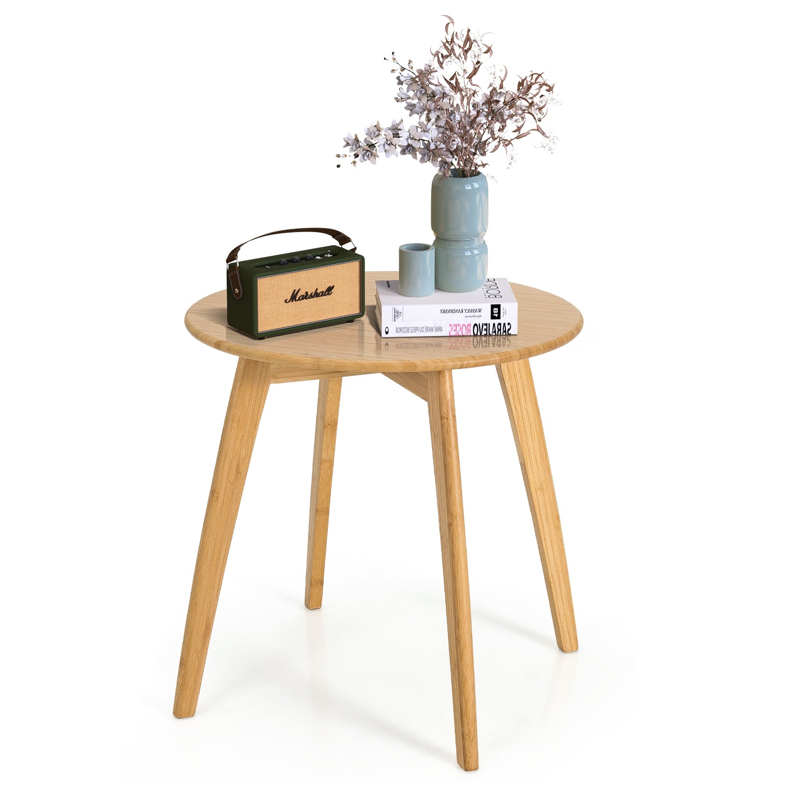 Bamboo Round Side Table with 4 Splayed Legs and Round Tabletop for Liv