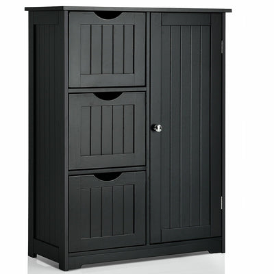 Bathroom Floor Cabinet Side Storage Cabinet with 3 Drawers and 1 Cupboard-Black - Relaxacare