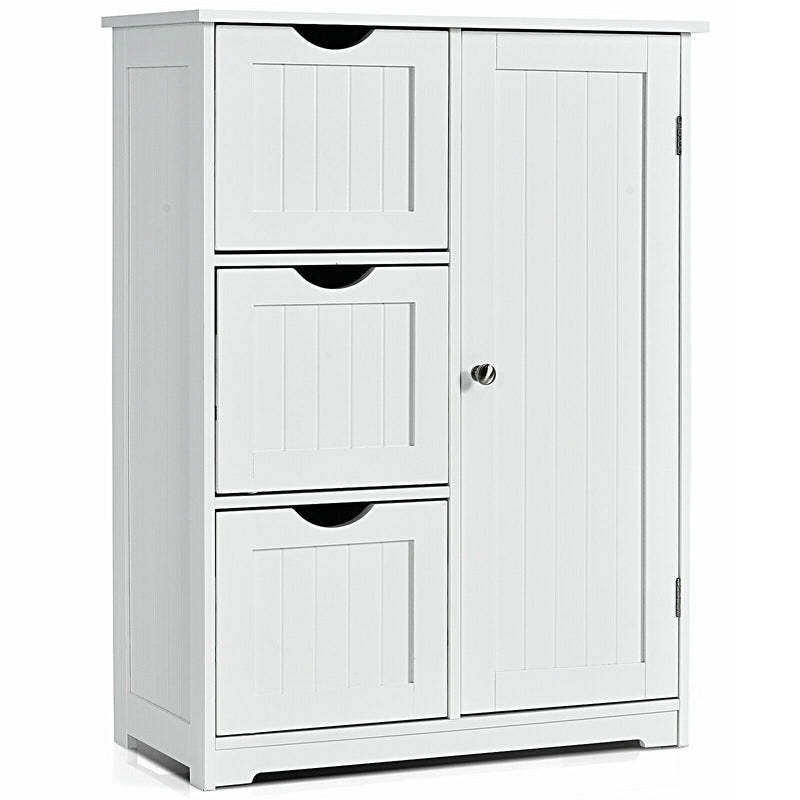 Bathroom Floor Cabinet Side Storage Cabinet with 3 Drawers and 1 Cupboard-White - Relaxacare