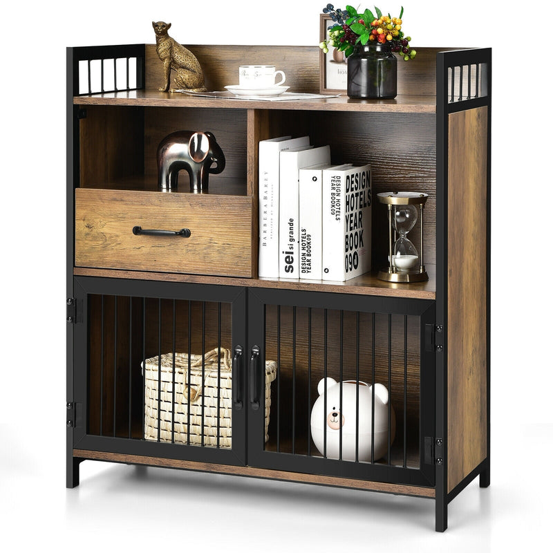 Buffet Server Sideboard Kitchen Storage Cabinet with Drawer and Steel Doors-Rustic Brown - Relaxacare