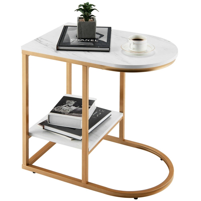 C-shaped Side Table with Faux Marble Tabletop and Golden Steel Frame - Relaxacare