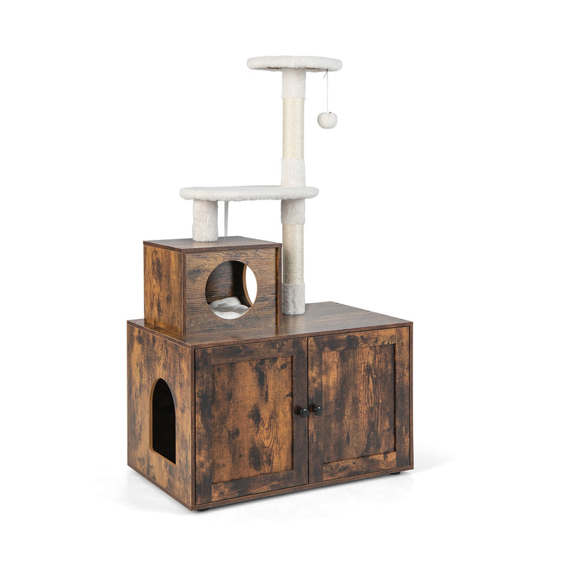 Cat Tree with Litter Box Enclosure with Cat Condo-Rustic Brown - Relaxacare