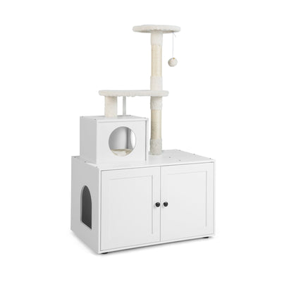 Cat Tree with Litter Box Enclosure with Cat Condo-White - Relaxacare