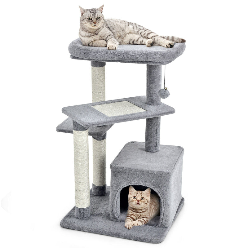 Cat Tree with Perch and Hanging Ball for Indoor Activity Play and Rest-Gray - Relaxacare