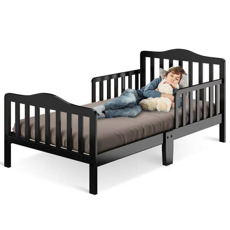 Classic Design Kids Wood Toddler Bed Frame with Two Side Safety Guardrails-Black - Relaxacare