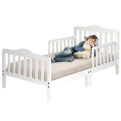 Classic Design Kids Wood Toddler Bed Frame with Two Side Safety Guardrails-White - Relaxacare