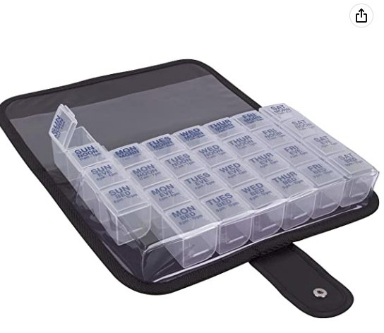 Clearance - Bi- Weekly (14-Day) Pill Organizer, Vitamin and Medicine Box, Large Pop-Out Compartments, 4 Times a Day, Clear Lids, Includes Carrying Case - Relaxacare