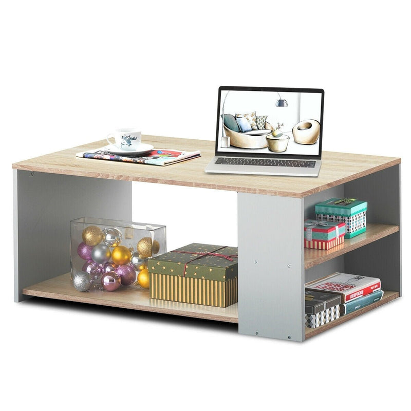 Coffee Table Sofa Side Table with Storage Shelves -Natural - Relaxacare