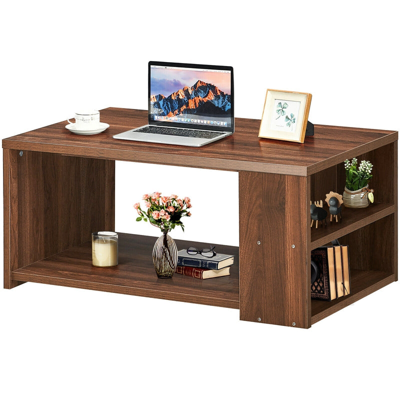 Coffee Table Sofa Side Table with Storage Shelves -Walnut - Relaxacare