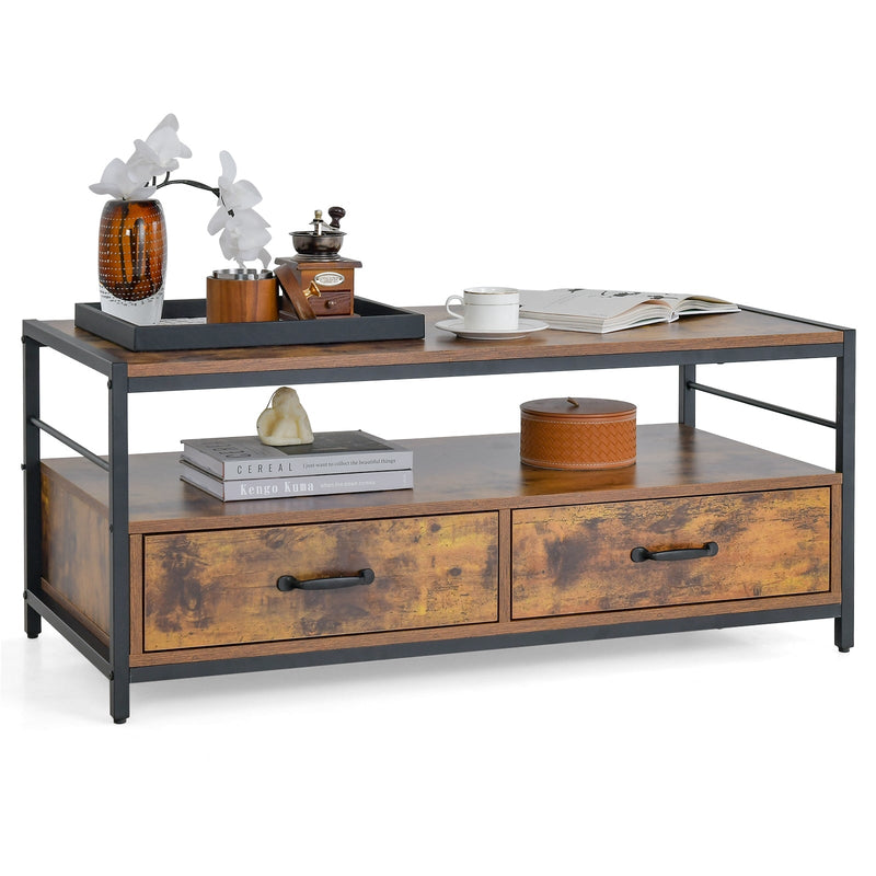 Coffee Table with 2 Drawers and Open Shelf for Living Room - Relaxacare