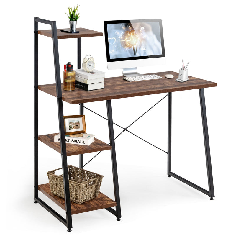 Compact Computer Desk Workstation with 4 Tier Shelves for Home and Office-Brown - Relaxacare
