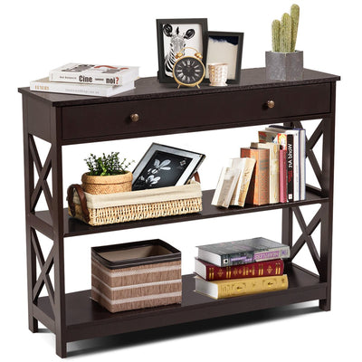 Console Table 3-Tier with Drawer and Storage Shelves-Dark Brown - Relaxacare