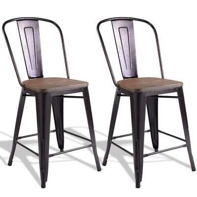 Copper Barstool Set of 2 Metal Wood Counter Chairs with Wood Top and High Backrest - Relaxacare