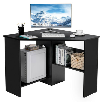 Corner Computer Desk Triangle Writing Workstation with Storage Shelf-Black - Relaxacare