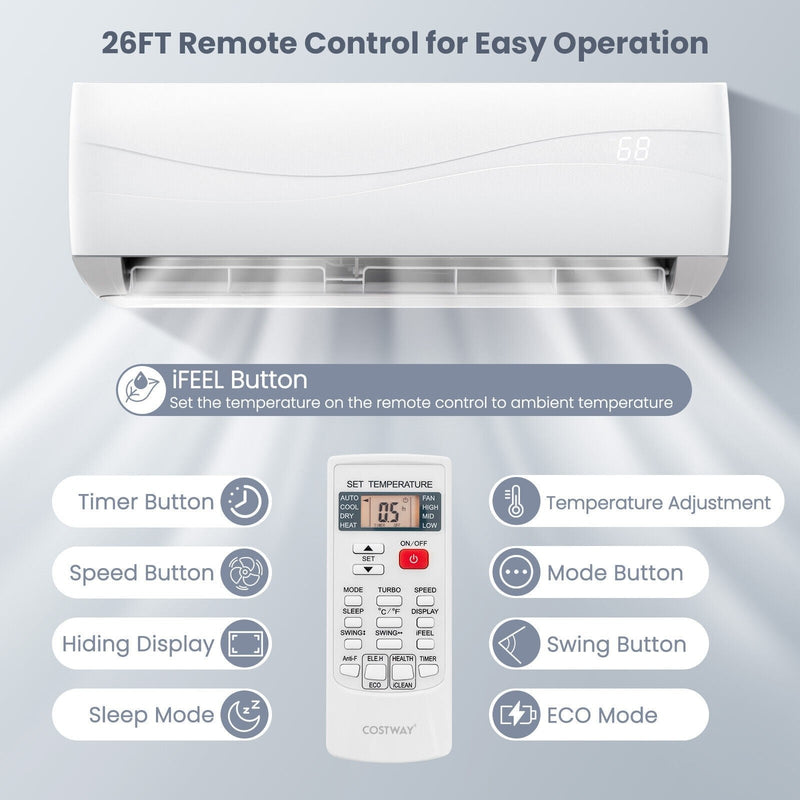 Costway-18000 BTU Mini Split Air Conditioner with 17 SEER Heater - Relaxacare