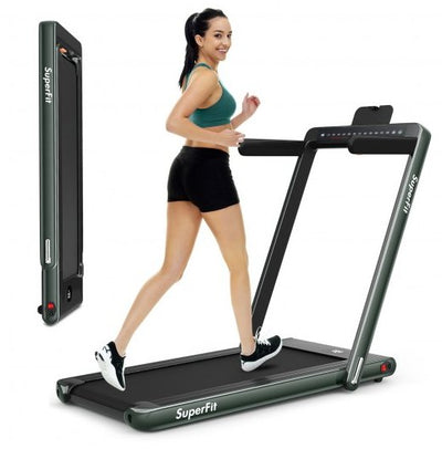 COSTWAY - 2-in-1 Electric Motorized Health and Fitness Folding Treadmill with Dual Display and Speaker-Green - Relaxacare