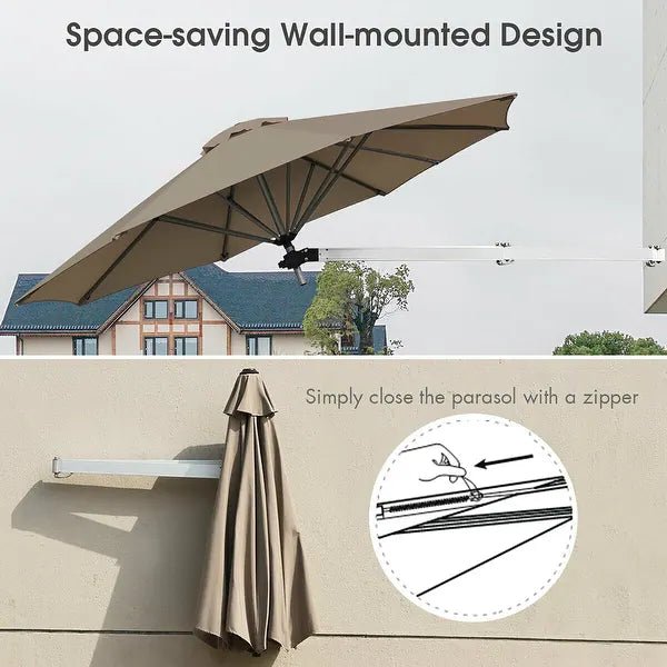 Costway-8ft Wall-Mounted Telescopic Folding Tilt Aluminum Sun Shade Umbrella-Tan - Relaxacare