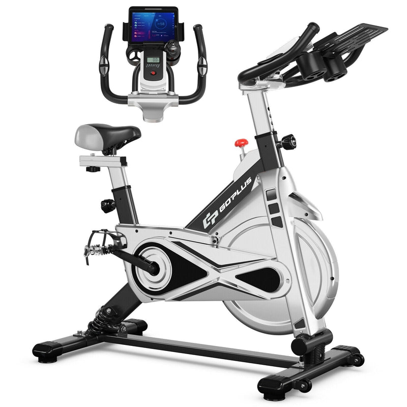 COSTWAY - Stationary Silent Belt Adjustable Exercise Bike with Phone Holder and Electronic Display-Black - Relaxacare